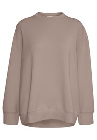 Sudadera de cuello redondo color marrón claro con hombros caídos, mangas largas y un ajuste holgado. Textura suave y sin patrones ni acentos visibles.