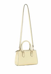 Borsa a tracolla in pelle gialla con una forma strutturata, doppi manici superiori, una tracolla lunga rimovibile e dettagli metallici color oro.