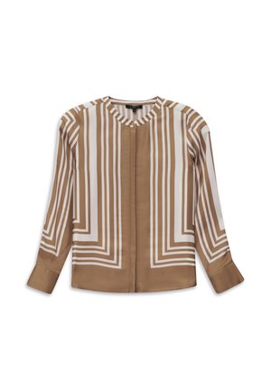 Braune Bluse mit langen Ärmeln, weißen geometrischen vertikalen und horizontalen Streifen, rundem Ausschnitt und verdeckten Knöpfen vorne.