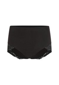 Zwarte hipsteronderbroek met een gladde stof en kanten accenten aan de zijkanten. Voorzien van een comfortabele tailleband en decoratieve rand.