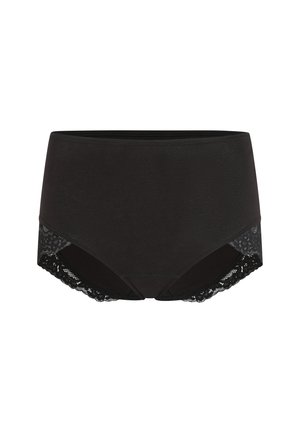 Zwarte hipsteronderbroek met een gladde stof en kanten accenten aan de zijkanten. Voorzien van een comfortabele tailleband en decoratieve rand.