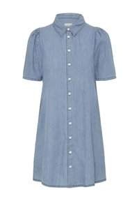 Robe en denim bleu clair avec manches courtes bouffantes, col pointu et fermeture boutonnée devant.
