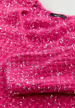 Fuzzy pink sweater with metallic silver flecks throughout. Rounded neckline with a textured finish. Brand label visible at the neckline.