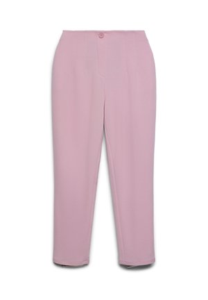 Pantaloni rosa su misura con chiusura a bottone. Caratterizzati da gambe dritte e una texture liscia. Nessun motivo o accento visibile.