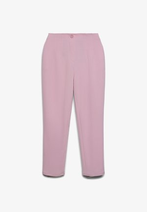 Pantaloni rosa su misura con chiusura a bottone. Caratterizzati da gambe dritte e una texture liscia. Nessun motivo o accento visibile.