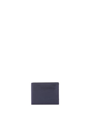 Portafoglio bifold in pelle nera, texture liscia, design compatto, stile minimalista, senza decorazioni visibili, su sfondo bianco.