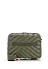 Borsa sintetica verde oliva con texture a righe diagonali, chiusura con zip e tracolla removibile con dettagli in hardware oro rosa.