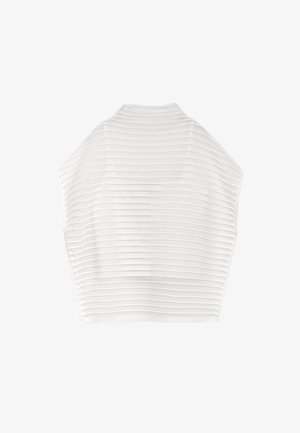 Witte cropped top met horizontale ribbeltextuur, zachte stof, brede mouwen en een ronde halslijn. De achterkant toont een golfpatroon.