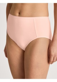 Hooggerijpte naaktroze slipjes gemaakt van glad, rekbaar materiaal met een naadloos ontwerp en elastische tailleband voor comfort.