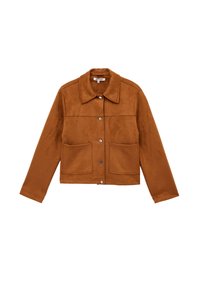 Giacca in suede marrone con colletto, chiusura anteriore a bottone e due ampie tasche applicate. Presenta una superficie testurizzata e un design aderente.