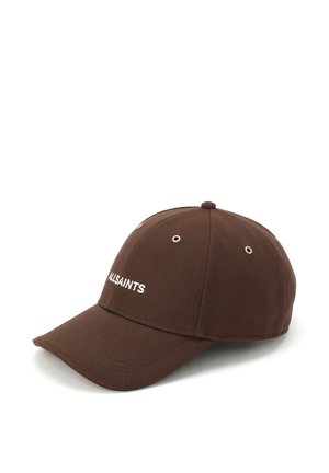 Cappellino da baseball marrone in cotone con visiera curva e testo bianco "ALLSAINTS" ricamato sul pannello frontale, con occhielli in metallo sulla parte superiore.