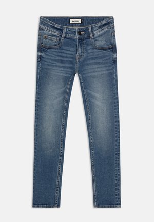 Blå slim-fit denim jeans med forlommer, bæltestropper, knaplukning og falmede detaljer på lår og knæ.