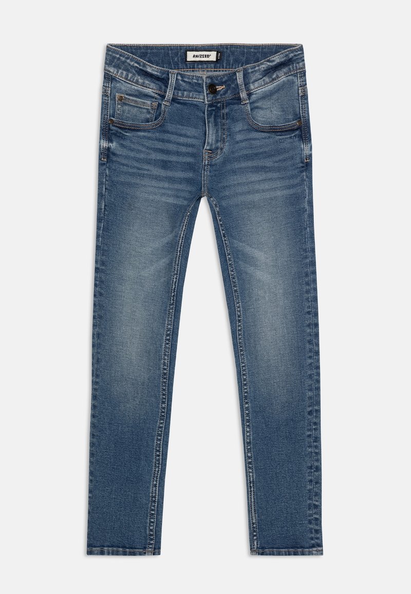 Jean slim bleu avec poches avant, passants de ceinture, fermeture à bouton et détails délavés aux cuisses et aux genoux.