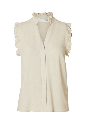 Beżowa bezrękawnikowa bluzka z lnu z falbaniastym kołnierzem i ramionami, z przodu z plisą, o lekkiej fakturze i luźnym kroju.