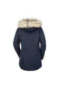 Navy blue parka jacket, featuring a faux fur-lined hood, long sleeves, and a cinched waist. Smooth, water-resistant fabric with a straight cut.