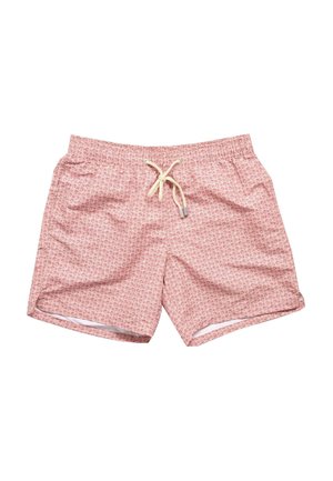 Costume da bagno da uomo rosa con piccolo motivo ripetuto, vita elastica e coulisse beige sul davanti.