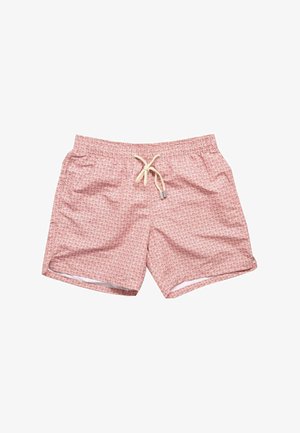 Costume da bagno da uomo rosa con piccolo motivo ripetuto, vita elastica e coulisse beige sul davanti.