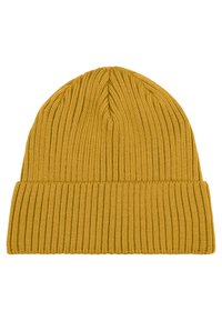 Mustard yellow knit beanie hat with a ribbed texture and folded cuff, featuring a snug fit and a seamless top design.