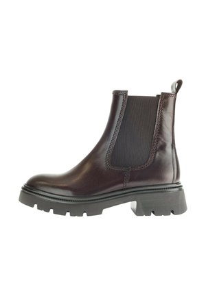 Brown leather Chelsea boots with elastic side panels, a rounded toe, and a chunky rubber sole featuring deep treads for traction.