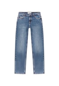 Lichtblauwe denim jeans met een recht gesneden pijp, voorzien van vijf zakken en stiksels als accent. De stof heeft een licht vervaagde textuur.