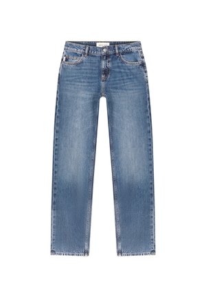 Hellblaue Jeans aus Denim mit geradem Beinausschnitt, fünf Taschen und Kontrastnähten. Der Stoff hat eine leicht ausgebleichte Textur.