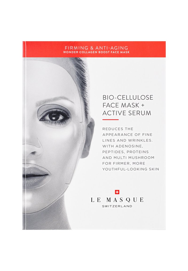 Confezione di maschere viso in bio-cellulosa con un modello che indossa la maschera. Presenta un testo audace, colori rosso e bianco, e dettagli sui benefici anti-invecchiamento.