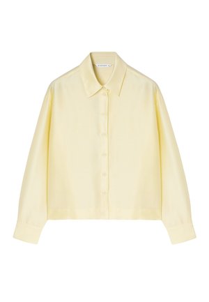Yellow long-sleeve button-up shirt with a classic collar, smooth texture, and a relaxed fit, featuring a six-button front closure.