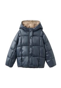 Mörkblå puffjacka med huva, med ett glänsande yttermaterial, fyrkantigt quiltat mönster och en kontrasterande beigefoder.