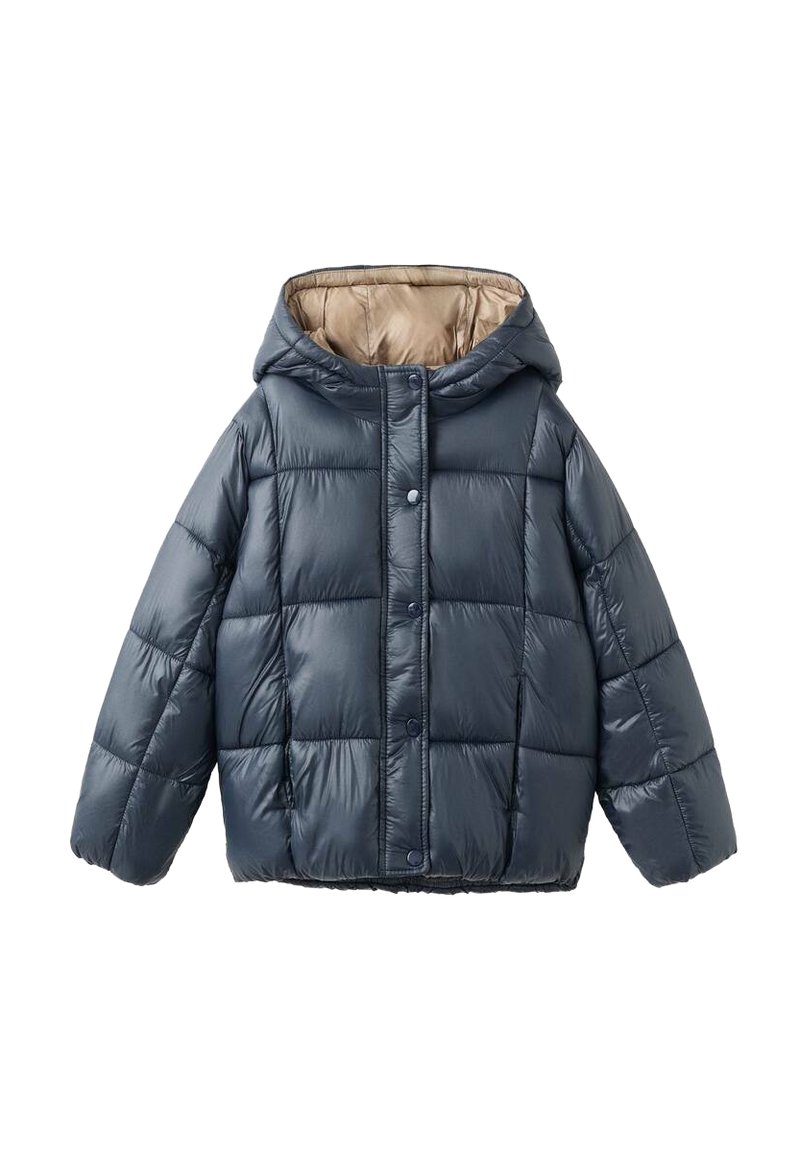 Mörkblå puffjacka med huva, med ett glänsande yttermaterial, fyrkantigt quiltat mönster och en kontrasterande beigefoder.