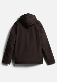 Black hooded jacket with a smooth, matte texture. Features a cinched hood, long sleeves, and a relaxed fit. Minimalistic design, no visible hardware.
