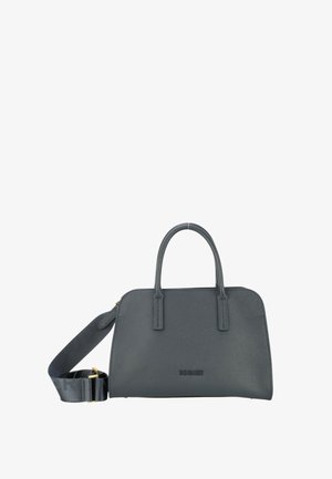 Grå læderhåndtaske med en struktureret form, to topgreb og en aftagelig rem. Den har en tekstureret overflade og et prægede logo-detalje.