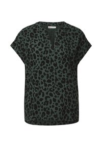 Top verde con stampa leopardata nera, maniche corte, scollatura a V, realizzato in tessuto leggero, design informale, vestibilità rilassata.