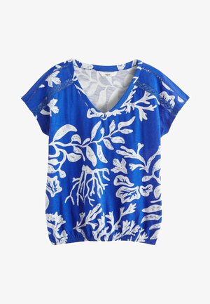 Niebieski krótki top z rękawami, z dekoltem w kształcie litery V, teksturowanym białym nadrukiem roślinnym oraz elastycznym dołem dla luźnego dopasowania.