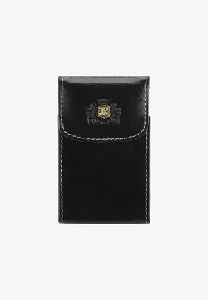 Portafoglio in pelle nera con una superficie liscia, bordi cuciti e un logo dorato nella parte superiore. Design rettangolare compatto con chiusura a patta.