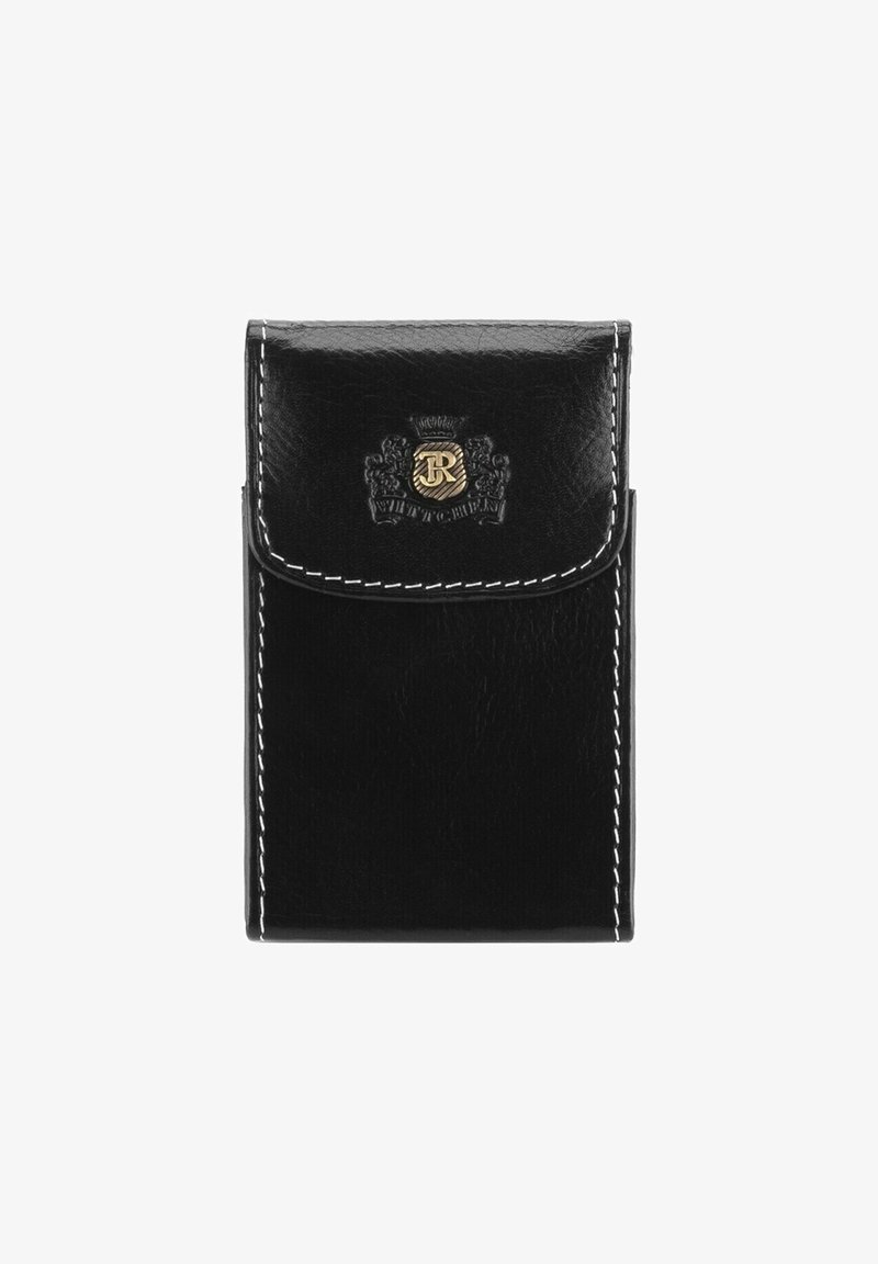 Portafoglio in pelle nera con una superficie liscia, bordi cuciti e un logo dorato nella parte superiore. Design rettangolare compatto con chiusura a patta.