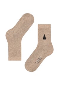 Beige Socken mit einem schwarzen Baumdesign an der Seite. Sie haben eine glatte Textur und eine gerippte Bündchen für einen sicheren Sitz.