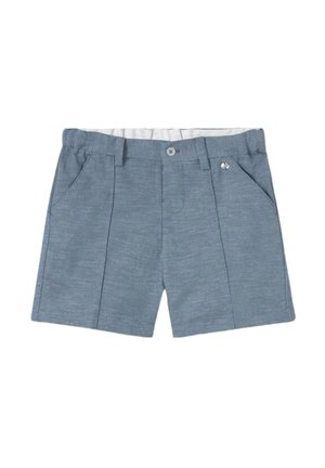 Pantaloni corti azzurri con design testurizzato, caratterizzati da una chiusura con bottone, due tasche frontali e una vestibilità sagomata.