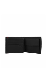 Portafoglio in pelle nera con più scomparti per carte, una tasca per monete e un sottile accento rosso sul lato, caratterizzato da una texture liscia e un design minimalista.
