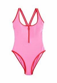 Costume da bagno intero rosa con dettagli rossi in contrasto, dotato di una zip frontale, spalline incrociate e un design a gamba alta.