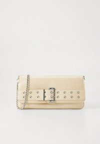 Beige faux leather clutch with a front flap, silver studded accents, and a buckle detail. Includes a silver chain strap for carrying.