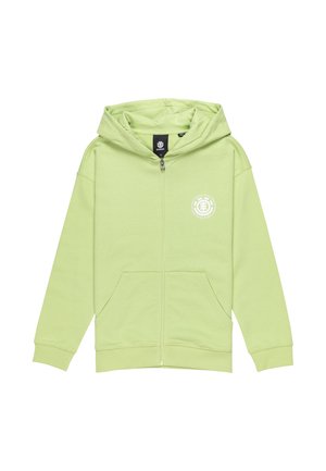 Felpa con zip verde chiaro realizzata in tessuto morbido; presenta un grande cappuccio, tasche frontali e un logo circolare bianco sul petto sinistro.