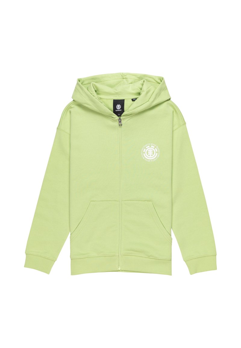 Lichtgroene rits hoodie van zacht materiaal; heeft een grote capuchon, voorzakken en een wit rond logo op de linkerborst.