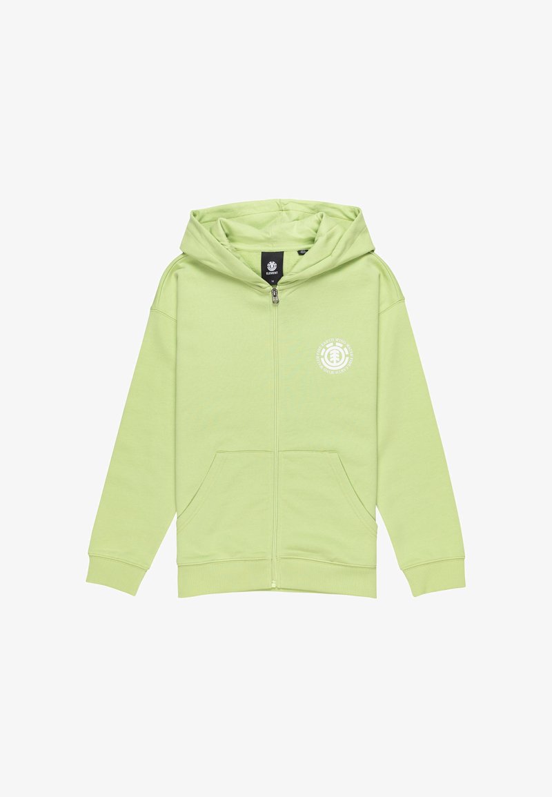 Felpa con zip verde chiaro realizzata in tessuto morbido; presenta un grande cappuccio, tasche frontali e un logo circolare bianco sul petto sinistro.