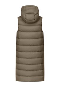 Chaleco acolchado en caqui con capucha desmontable, que presenta secciones acolchadas horizontales y una silueta recta. Textura suave y lisa.