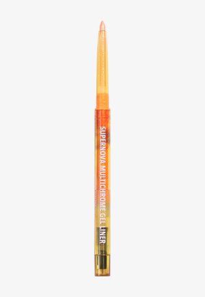Crayon eyeliner gel rétractable orange et rose pailleté, étiqueté "Supernova Multichrome Gel Liner", avec un capuchon en plastique transparent.