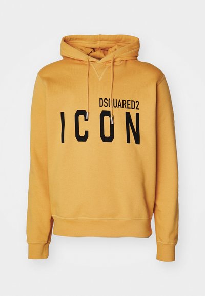 Sweatshirt à capuche jaune avec poche kangourou, arborant le texte "DSQUARED2 ICON" en lettres noires en gras sur le devant et des détails de cordon de serrage.