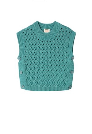 Gilet en tricot turquoise avec un motif de maille ouverte, col rond côtelé et fermetures à boutons sur les côtés. Manches courtes et finition texturée.