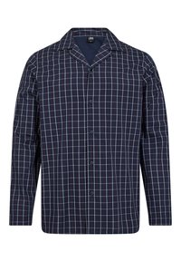 Marineblå rutete skjorte med knapper foran, lange ermer og camp-krage. Mønsteret har røde og hvite linjer.