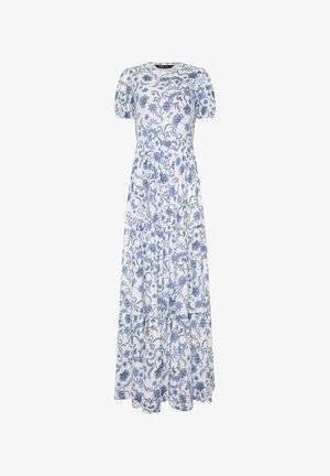 Robe maxi blanche avec imprimé floral bleu, manches courtes bouffantes, taille cintrée et jupe à volants.
