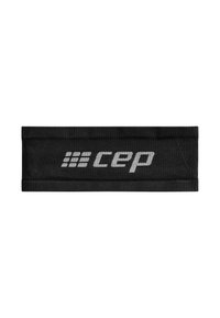 Black headband made of textured fabric, featuring a prominent white "cep" logo. Rectangular shape with reinforced stitching edges.
